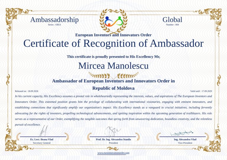 Certificate of Ambassador Recognition — Mircea Manolescu